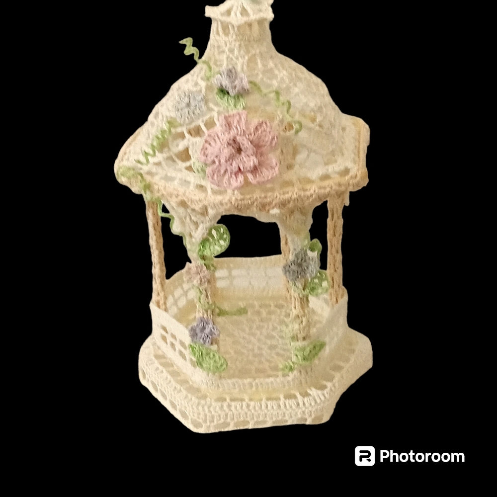 Hand Crocheted Gazebo Sculpture Spring Floral 9” by 6" Cottagecore
